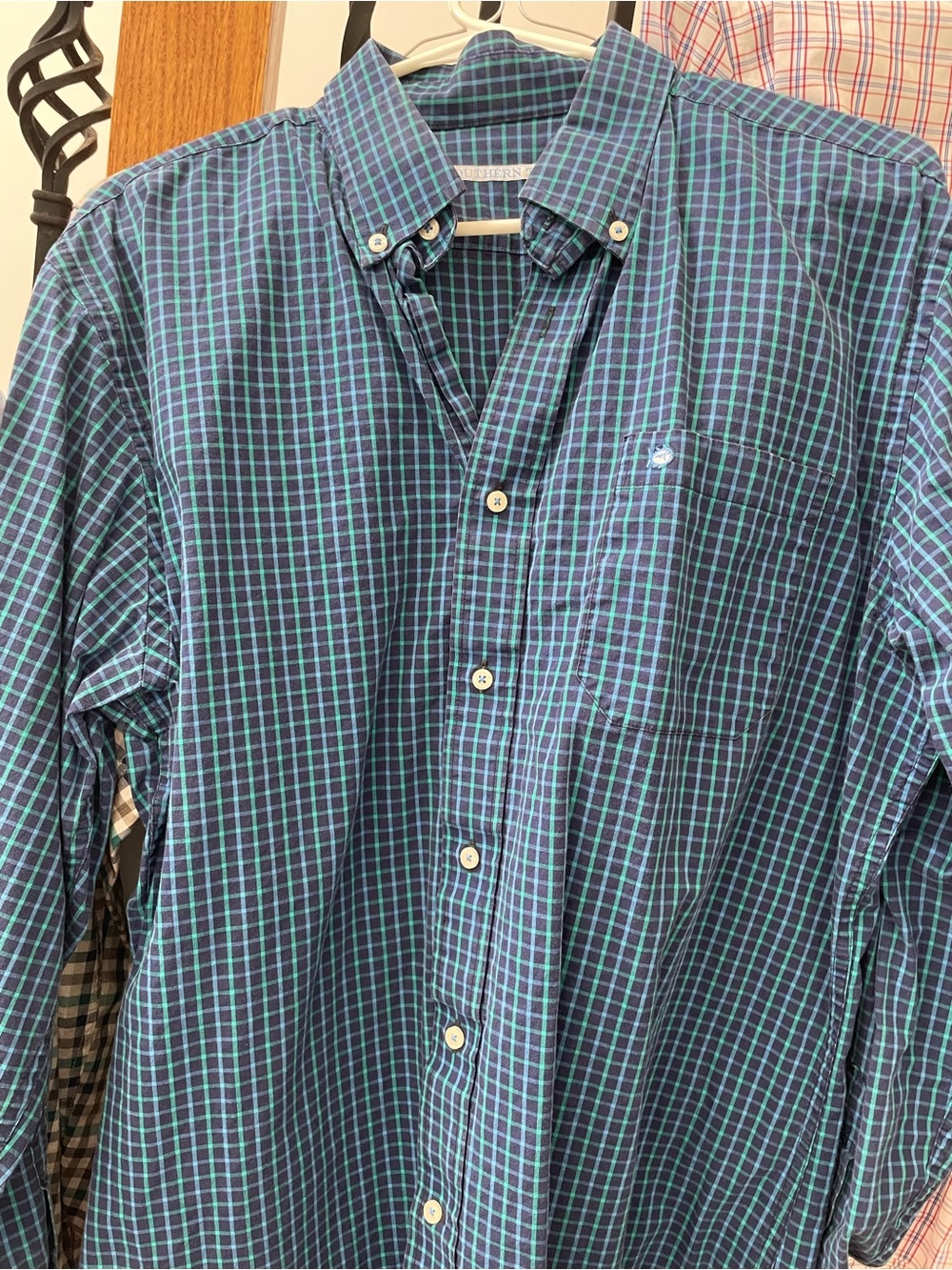 Southern Tide Men's Blue and Green Plaid Button-Down Shirt